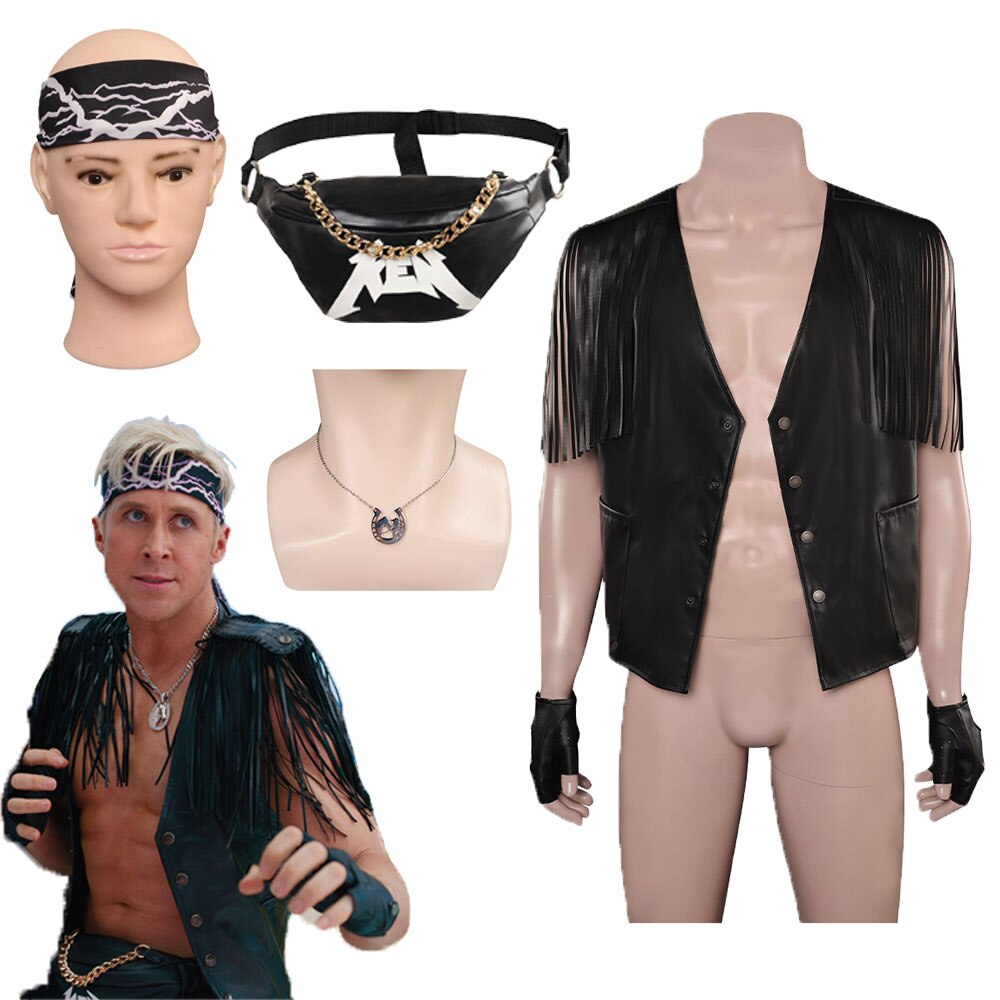 Ken Cosplay Fantasia Black Jacket Vest Headband Waist Bag Necklace Pants Barbier Costume Adult Men Halloween Carnival Party Suit Whole Suit A