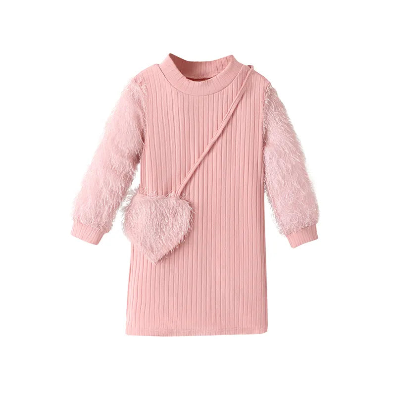 Kids Clothes Girls Dress Autumn Winter Warm Knitted Spliced Fur Long Sleeve+Bag Slim Fit Dress Korean Fashion Girl Clothing 4-7T Pink