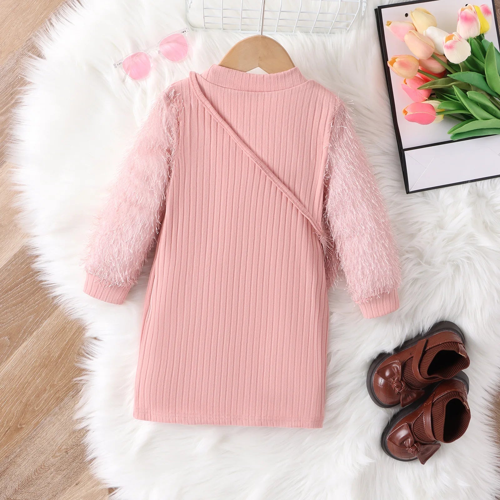 Kids Clothes Girls Dress Autumn Winter Warm Knitted Spliced Fur Long Sleeve+Bag Slim Fit Dress Korean Fashion Girl Clothing 4-7T