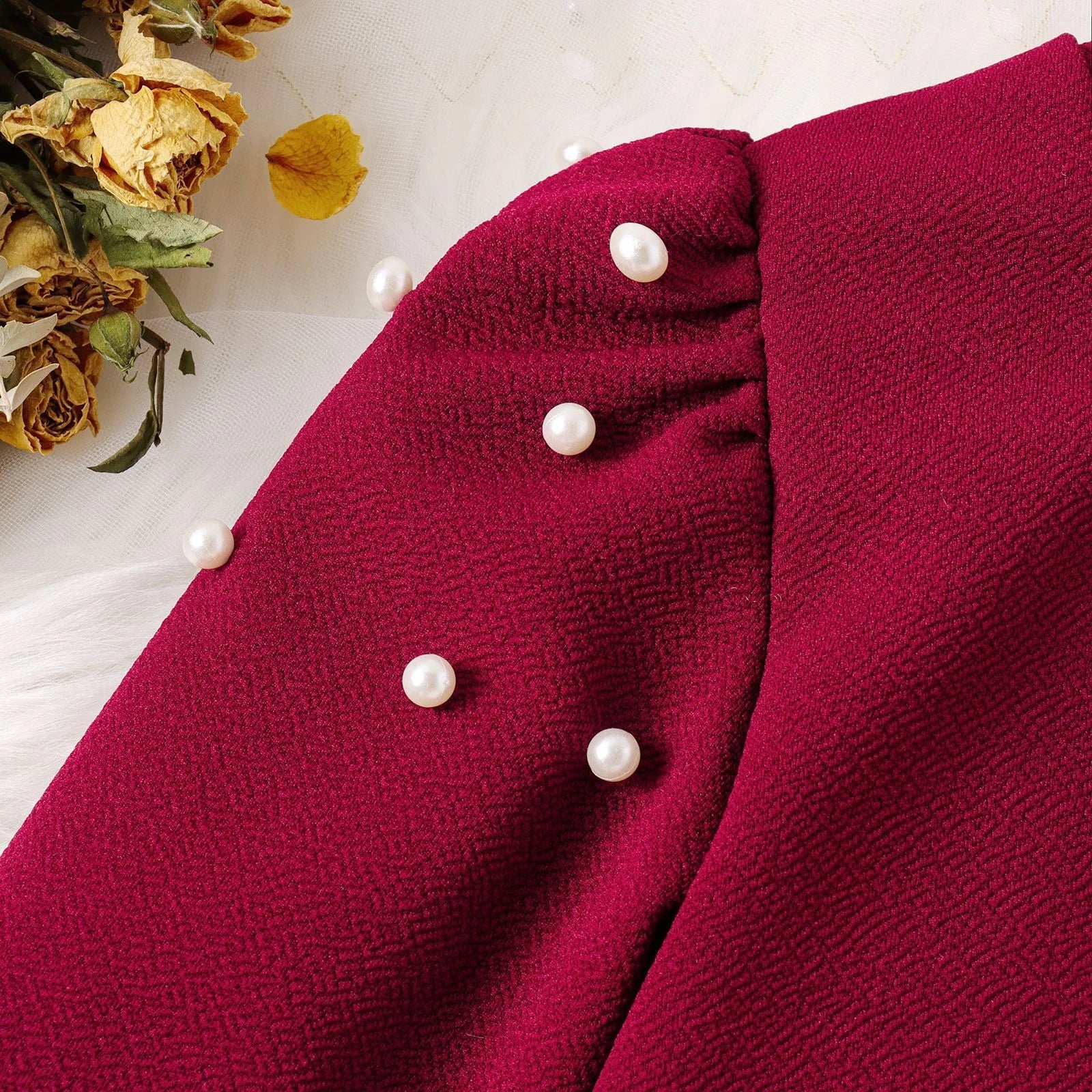 Kids Girls Dress Autumn Winter Girls Pearl Bubble Sleeve Texture Slim Fit Dress+Bow Decoration Bag 2Pcs Kids Clothes Girls Dress