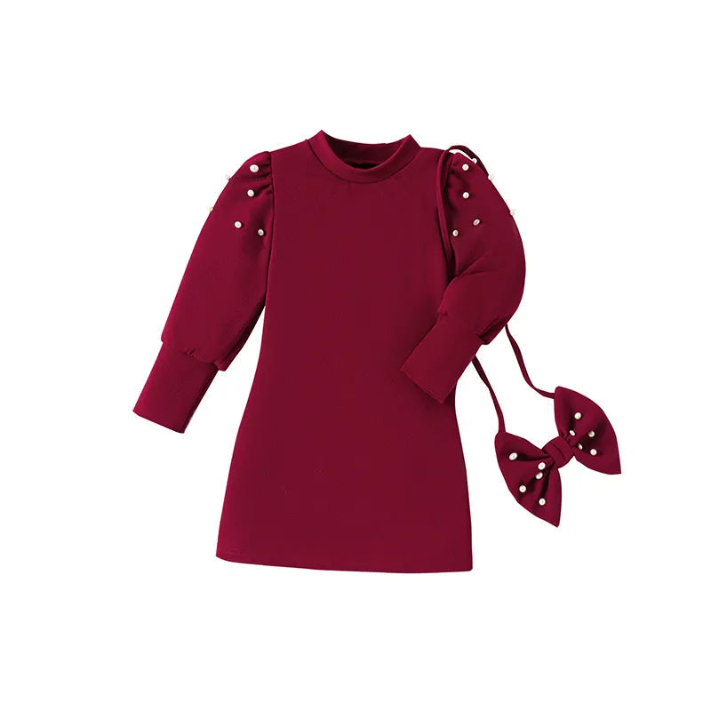 Kids Girls Dress Autumn Winter Girls Pearl Bubble Sleeve Texture Slim Fit Dress+Bow Decoration Bag 2Pcs Kids Clothes Girls Dress Wine Red