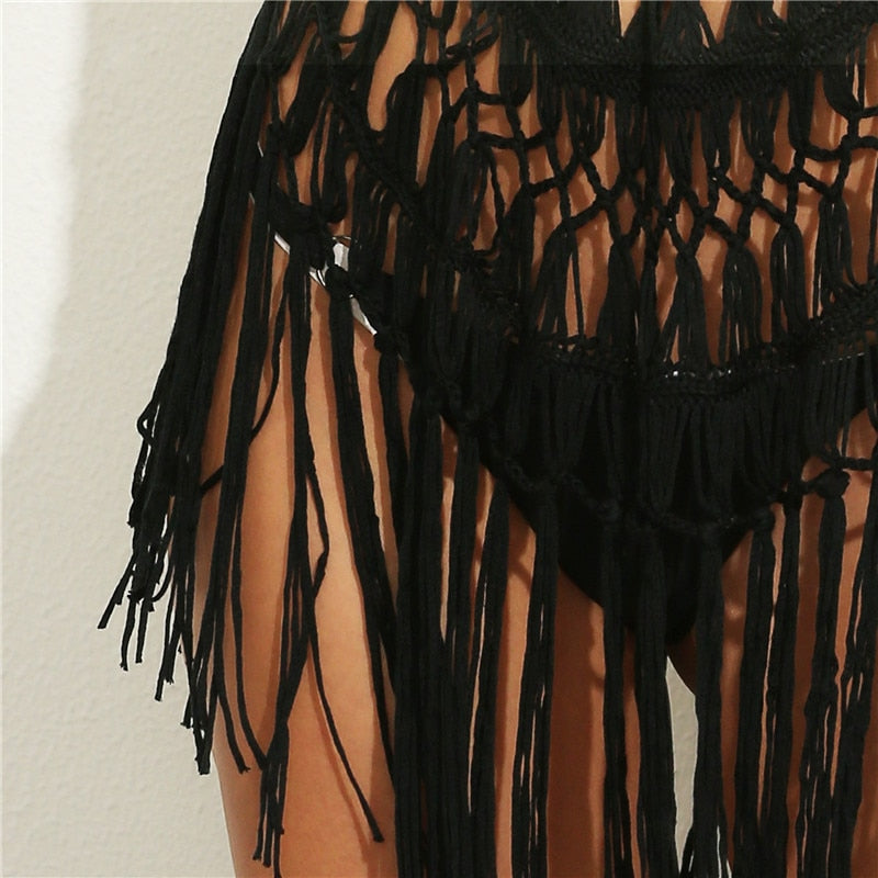 Kimono Flecos Beach Dress Crochet Cover-ups Fringe Coverup White Kimono Plage Vestidos Verano Knitted Swim Cover Up