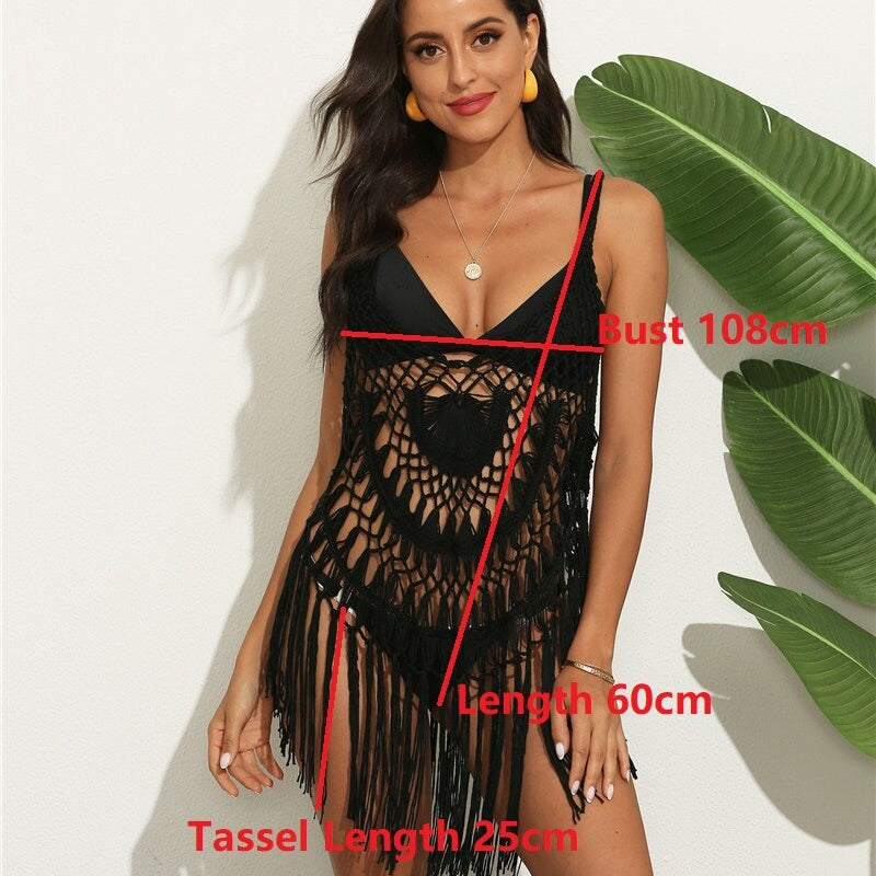 Kimono Flecos Beach Dress Crochet Cover-ups Fringe Coverup White Kimono Plage Vestidos Verano Knitted Swim Cover Up