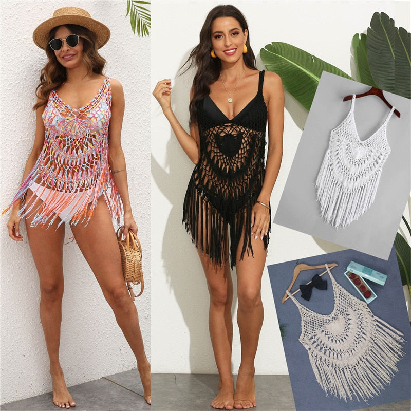 Kimono Flecos Beach Dress Crochet Cover-ups Fringe Coverup White Kimono Plage Vestidos Verano Knitted Swim Cover Up AMAIO