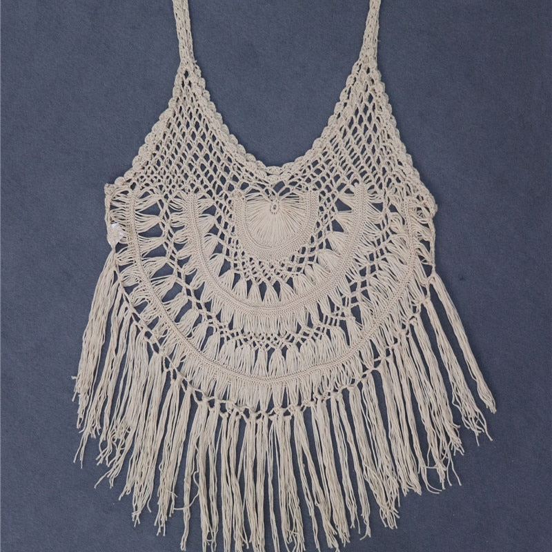 Kimono Flecos Beach Dress Crochet Cover-ups Fringe Coverup White Kimono Plage Vestidos Verano Knitted Swim Cover Up beige M