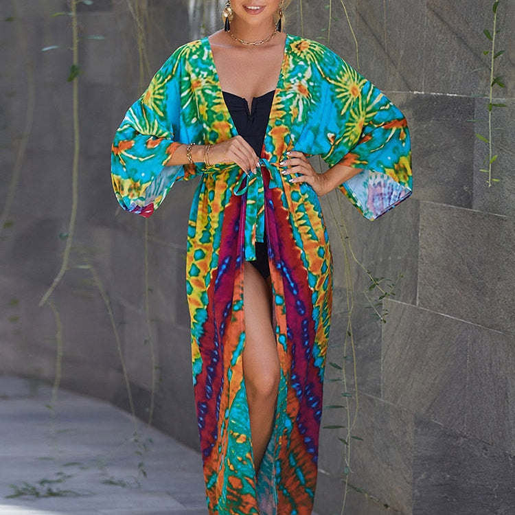 Kimono Swimsuit Cover-ups Pareo Tunic Beach Outfits Dress Sarong Boho PJ-57215 One Size