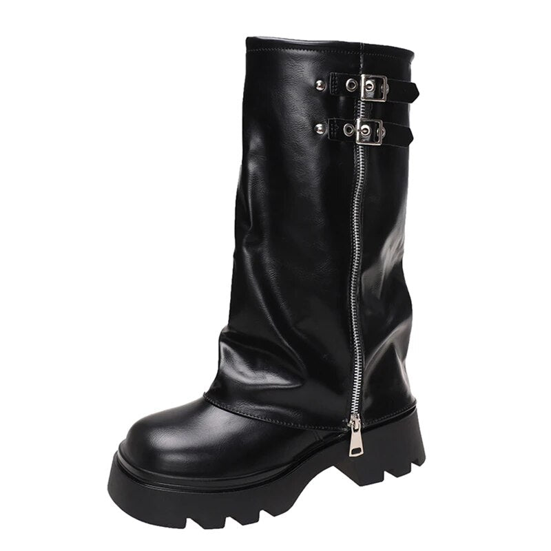 Knee High Chelsea Boots Gladiator Women Mid Heels Winter Shoes Goth 2024 Trend New Motocycle Boots Chunky Round Toe Femme Botas