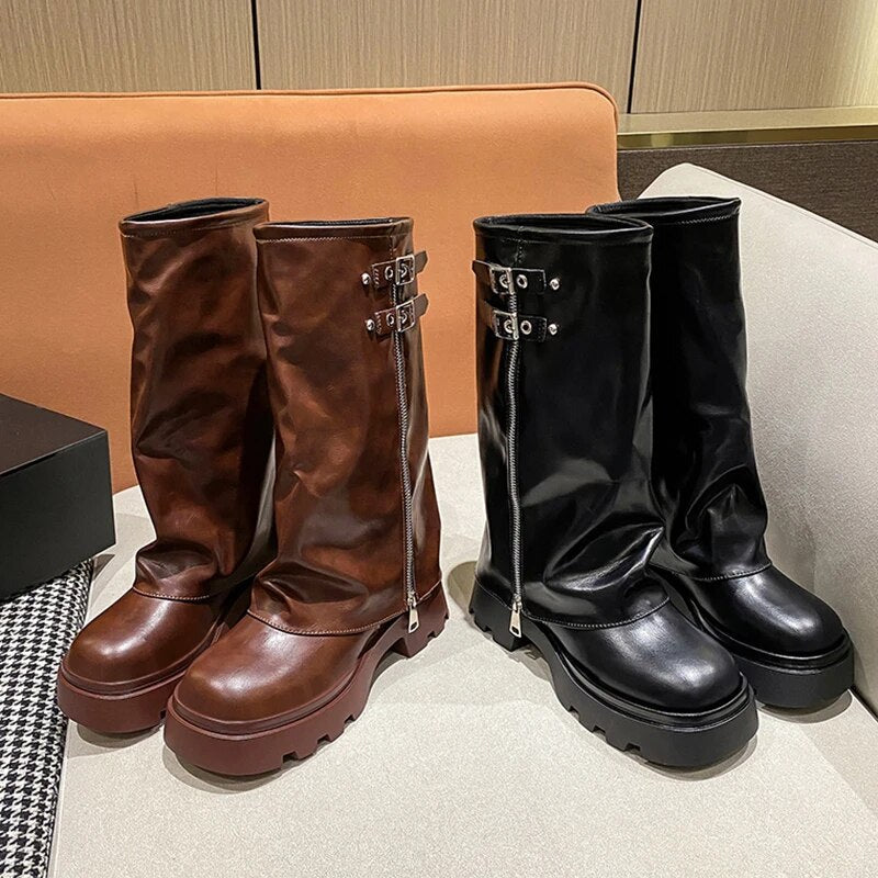 Knee High Chelsea Boots Gladiator Women Mid Heels Winter Shoes Goth 2024 Trend New Motocycle Boots Chunky Round Toe Femme Botas