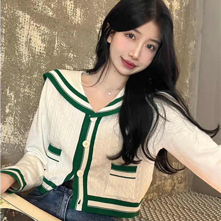 Knit Spring Preppy Style Sailor Collar Women Knitted Cardigan Elastic Wide Leg Pant Long Sleeve Korean Outfit Tracksuit Green-Top