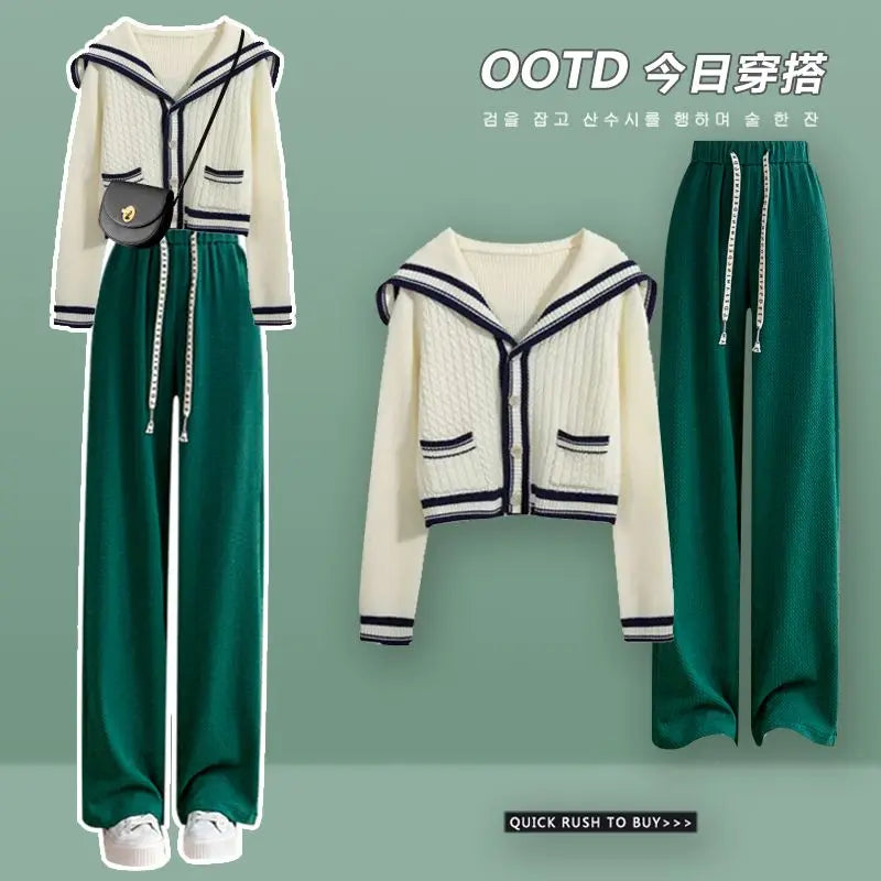 Knit Spring Preppy Style Sailor Collar Women Knitted Cardigan Elastic Wide Leg Pant Long Sleeve Korean Outfit Tracksuit 2-Pieces-D
