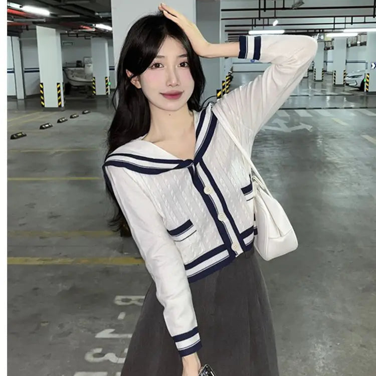 Knit Spring Preppy Style Sailor Collar Women Knitted Cardigan Elastic Wide Leg Pant Long Sleeve Korean Outfit Tracksuit Black-Top