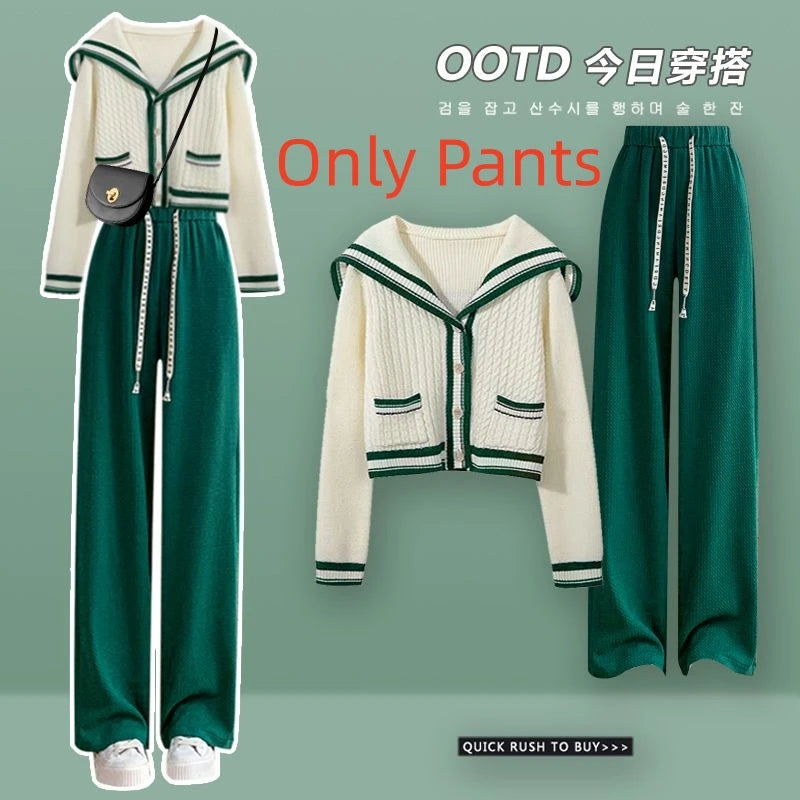 Knit Spring Preppy Style Sailor Collar Women Knitted Cardigan Elastic Wide Leg Pant Long Sleeve Korean Outfit Tracksuit Green-Pant