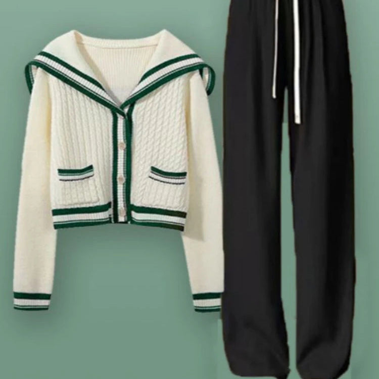 Knit Spring Preppy Style Sailor Collar Women Knitted Cardigan Elastic Wide Leg Pant Long Sleeve Korean Outfit Tracksuit 2-Pieces-B