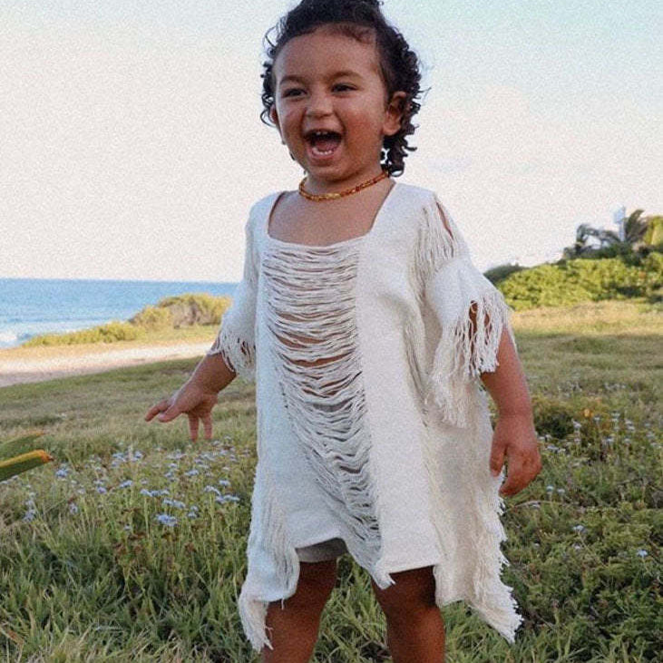 Knitted Beach Bikini Cover Ups Sleeveless Tassel Solid Cloak Dress - Summer Holiday Sexy Hollow Out Beach Bathing Vestidos beige children One Size