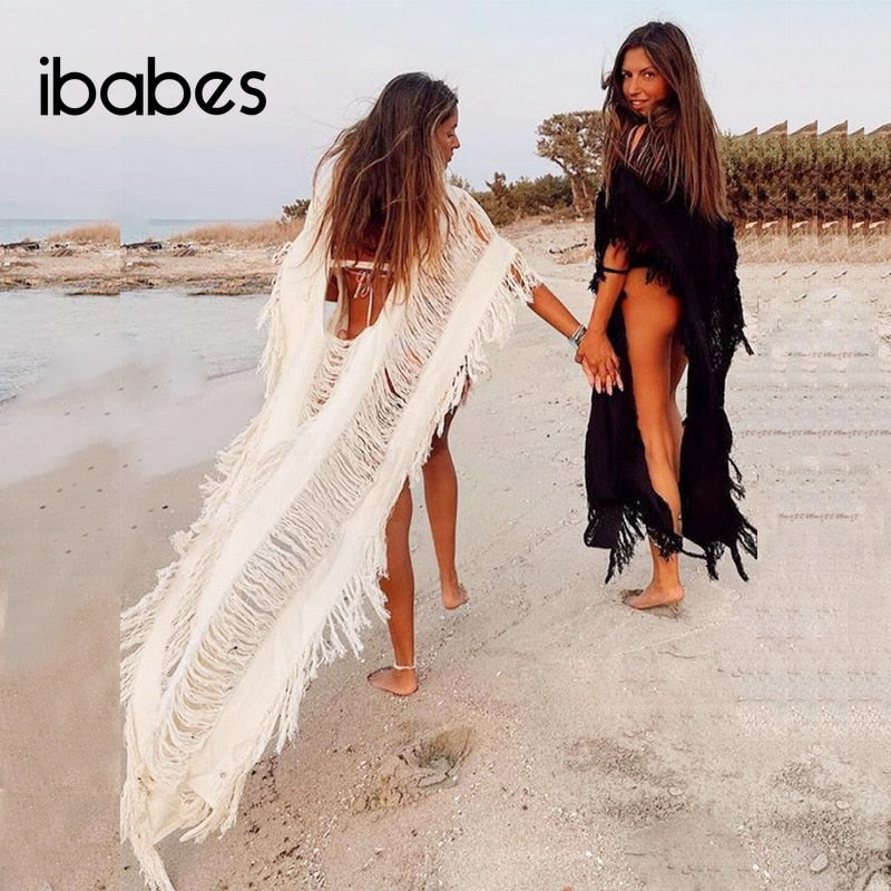 Knitted Beach Bikini Cover Ups Sleeveless Tassel Solid Cloak Dress - Summer Holiday Sexy Hollow Out Beach Bathing Vestidos AMAIO