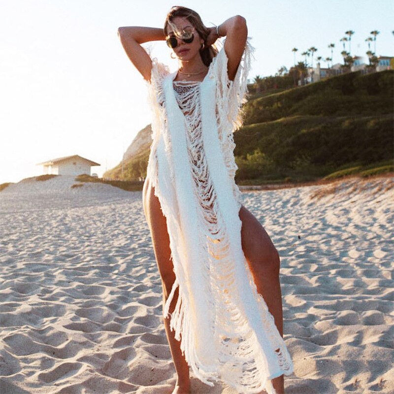 Knitted Beach Bikini Cover Ups Sleeveless Tassel Solid Cloak Dress - Summer Holiday Sexy Hollow Out Beach Bathing Vestidos