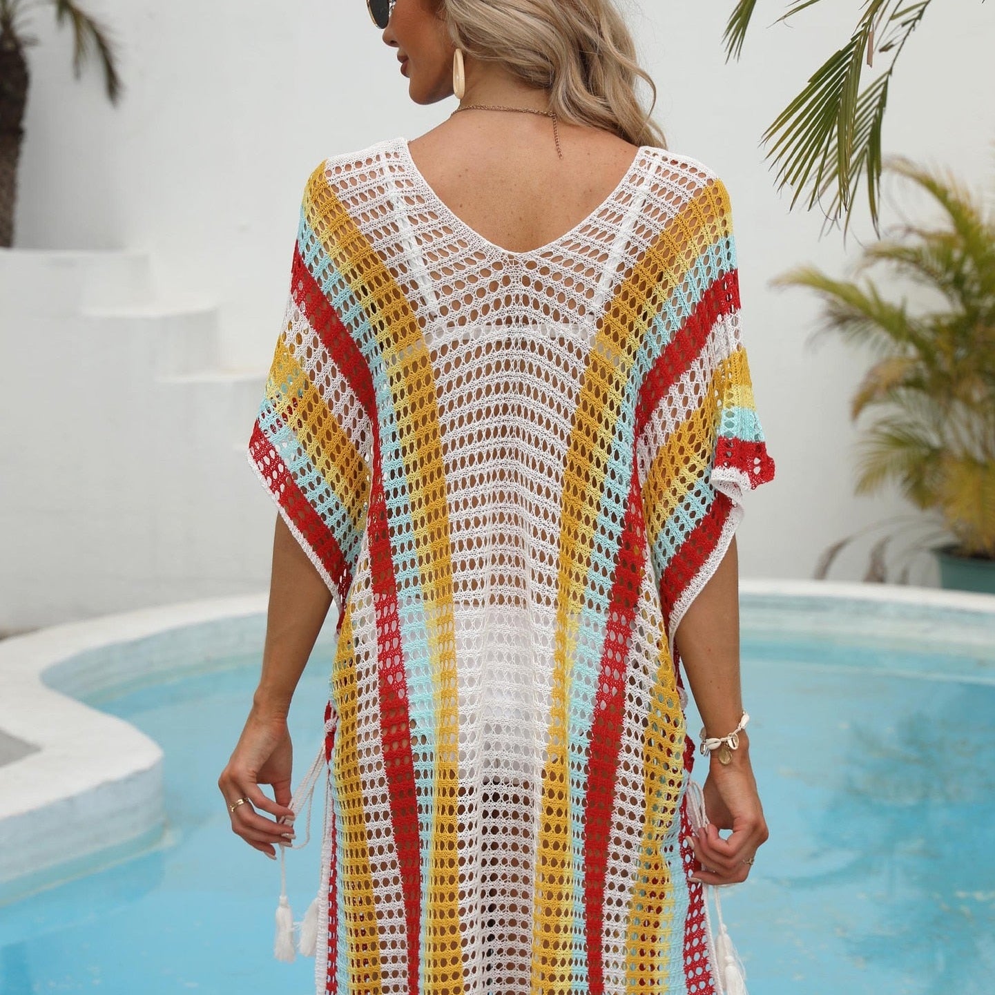 Knitted Beach Tunic for Woman Swim Cover Up String Split Beachwear Crochet Swimsuit Cover-ups Stripped Pareo 2024 Bathing Suit