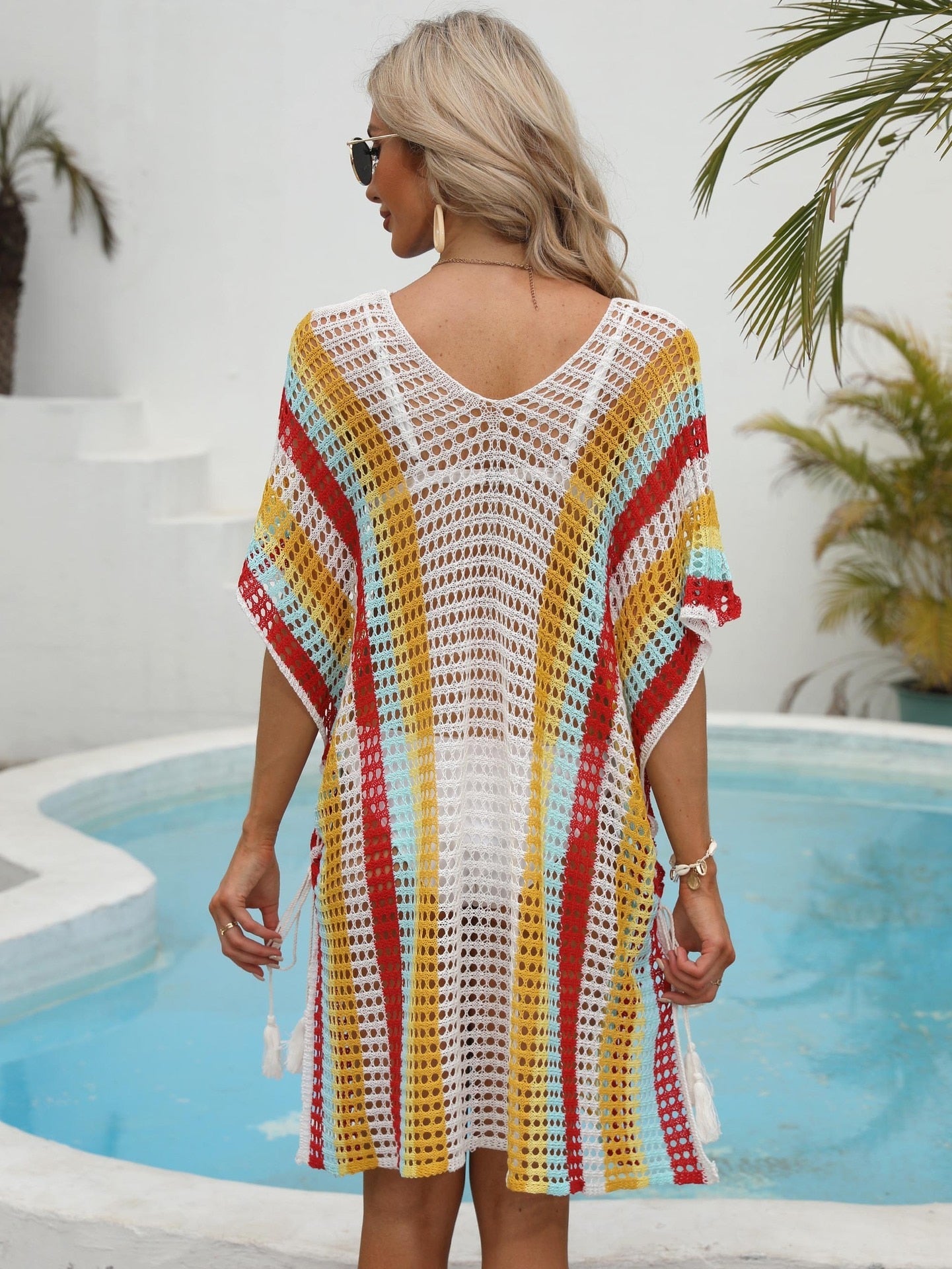 Knitted Beach Tunic for Woman Swim Cover Up String Split Beachwear Crochet Swimsuit Cover-ups Stripped Pareo 2024 Bathing Suit