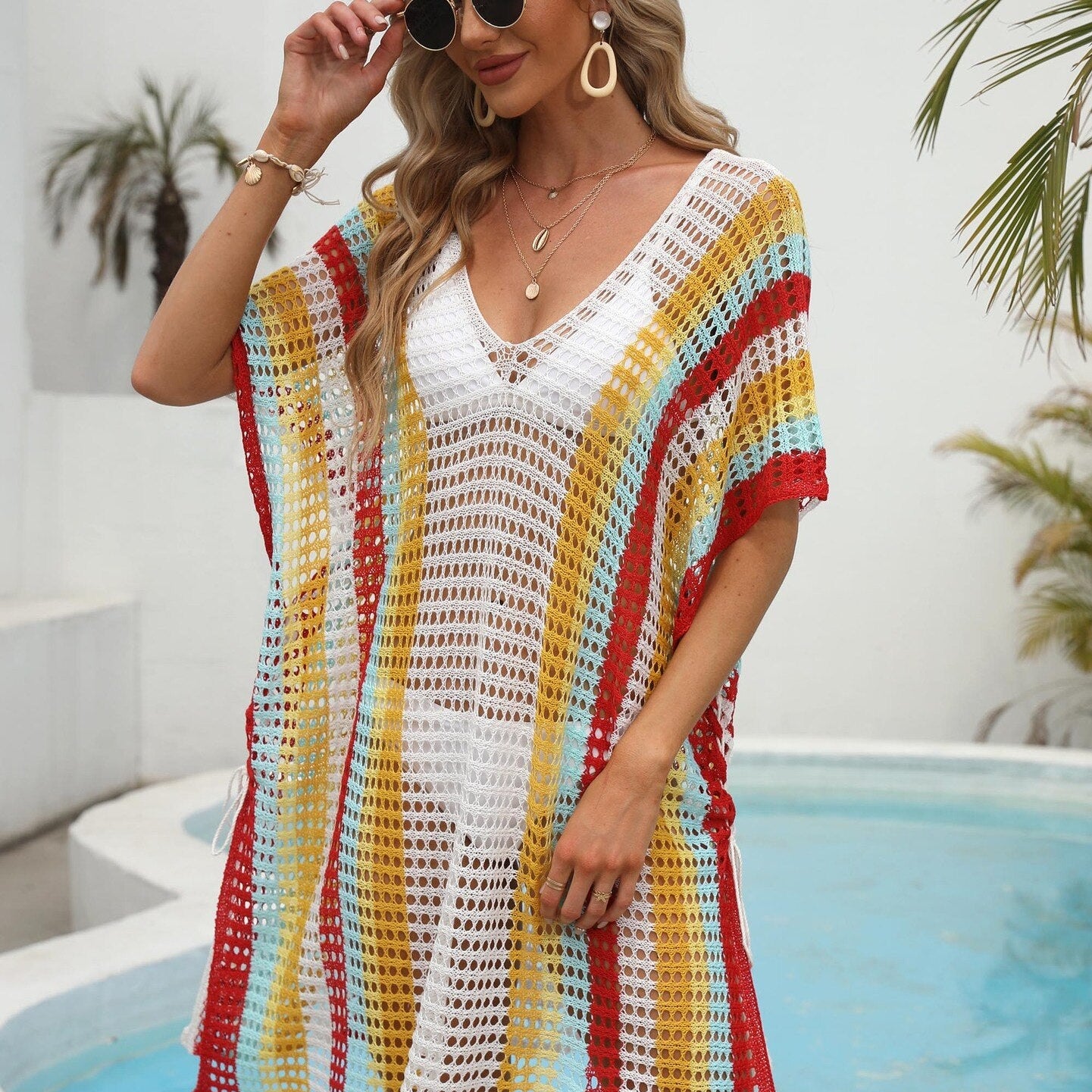 Knitted Beach Tunic for Woman Swim Cover Up String Split Beachwear Crochet Swimsuit Cover-ups Stripped Pareo 2024 Bathing Suit