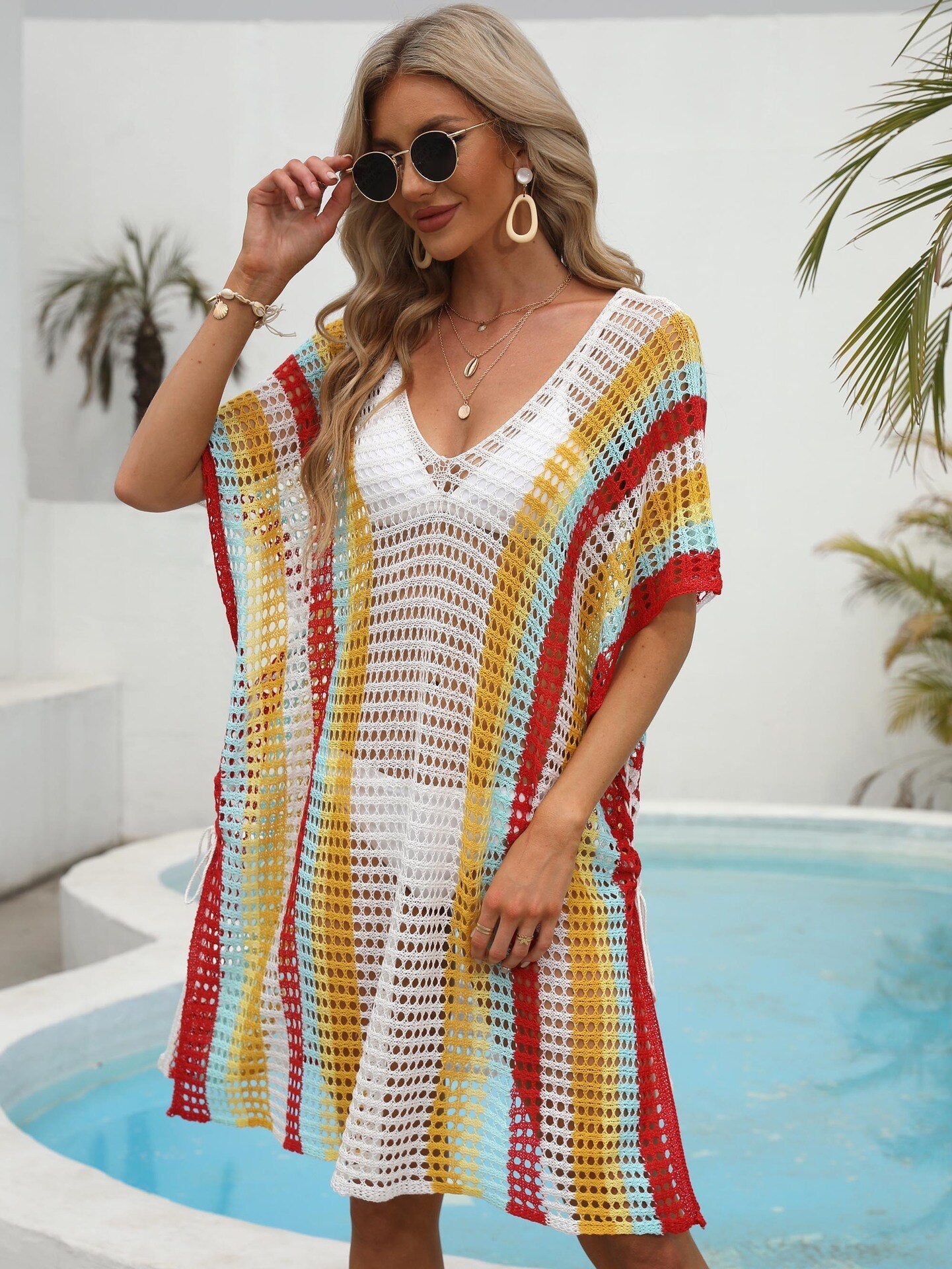 Knitted Beach Tunic for Woman Swim Cover Up String Split Beachwear Crochet Swimsuit Cover-ups Stripped Pareo 2024 Bathing Suit