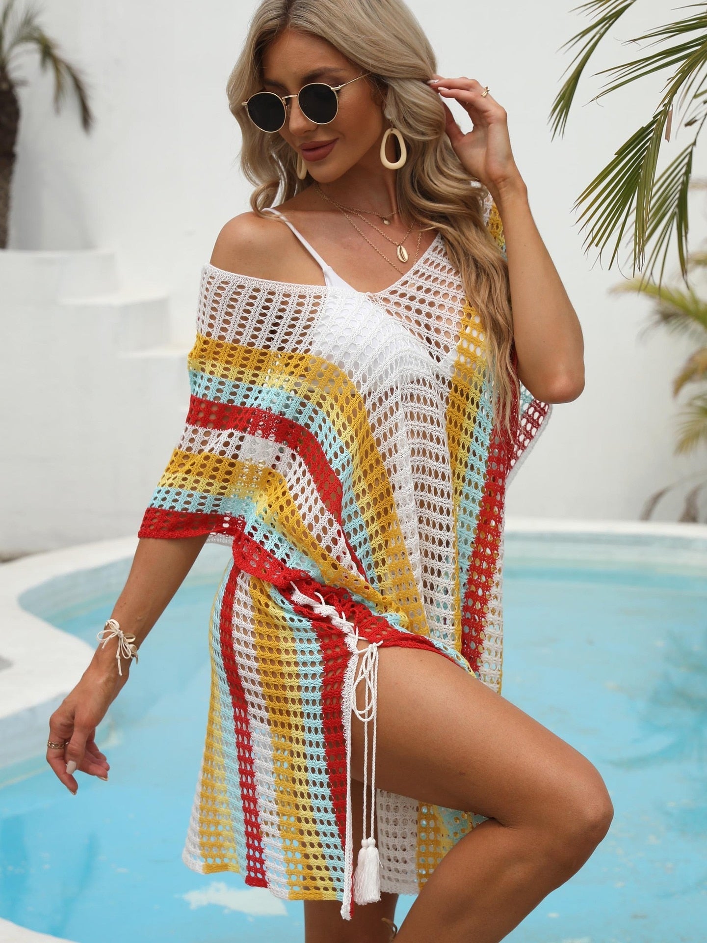 Knitted Beach Tunic for Woman Swim Cover Up String Split Beachwear Crochet Swimsuit Cover-ups Stripped Pareo 2024 Bathing Suit