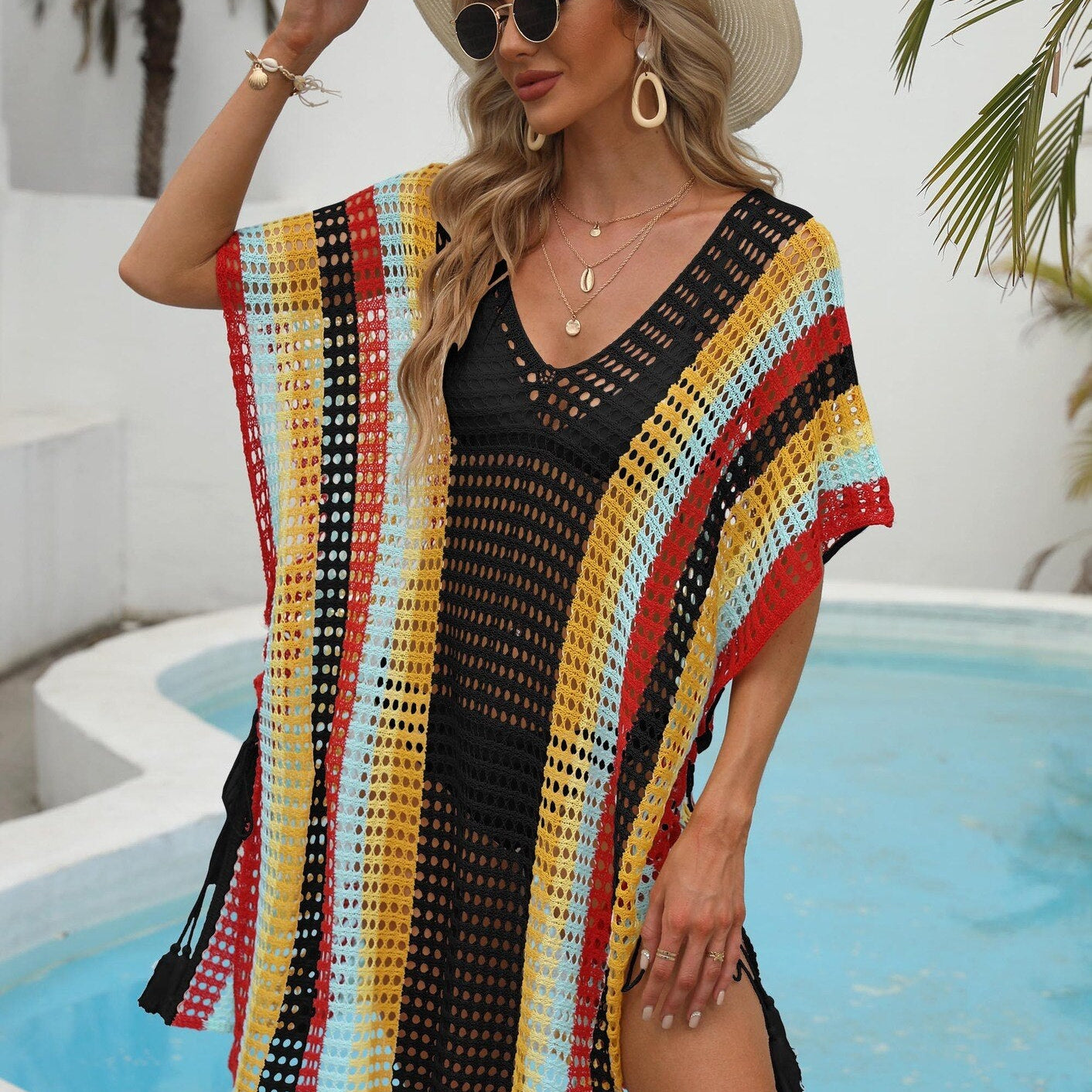 Knitted Beach Tunic for Woman Swim Cover Up String Split Beachwear Crochet Swimsuit Cover-ups Stripped Pareo 2024 Bathing Suit Black One Size