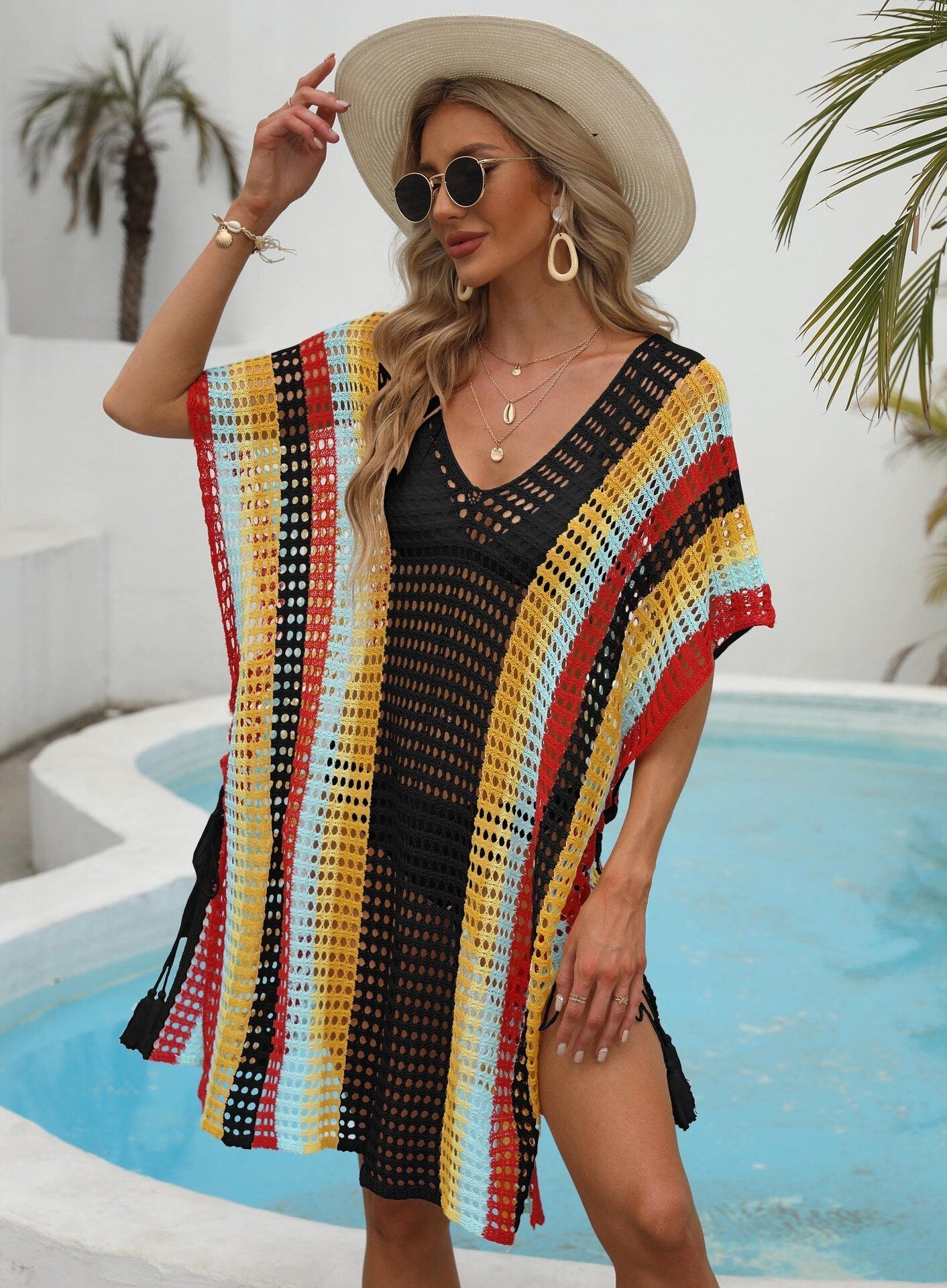 Knitted Beach Tunic for Woman Swim Cover Up String Split Beachwear Crochet Swimsuit Cover-ups Stripped Pareo 2024 Bathing Suit Black One Size