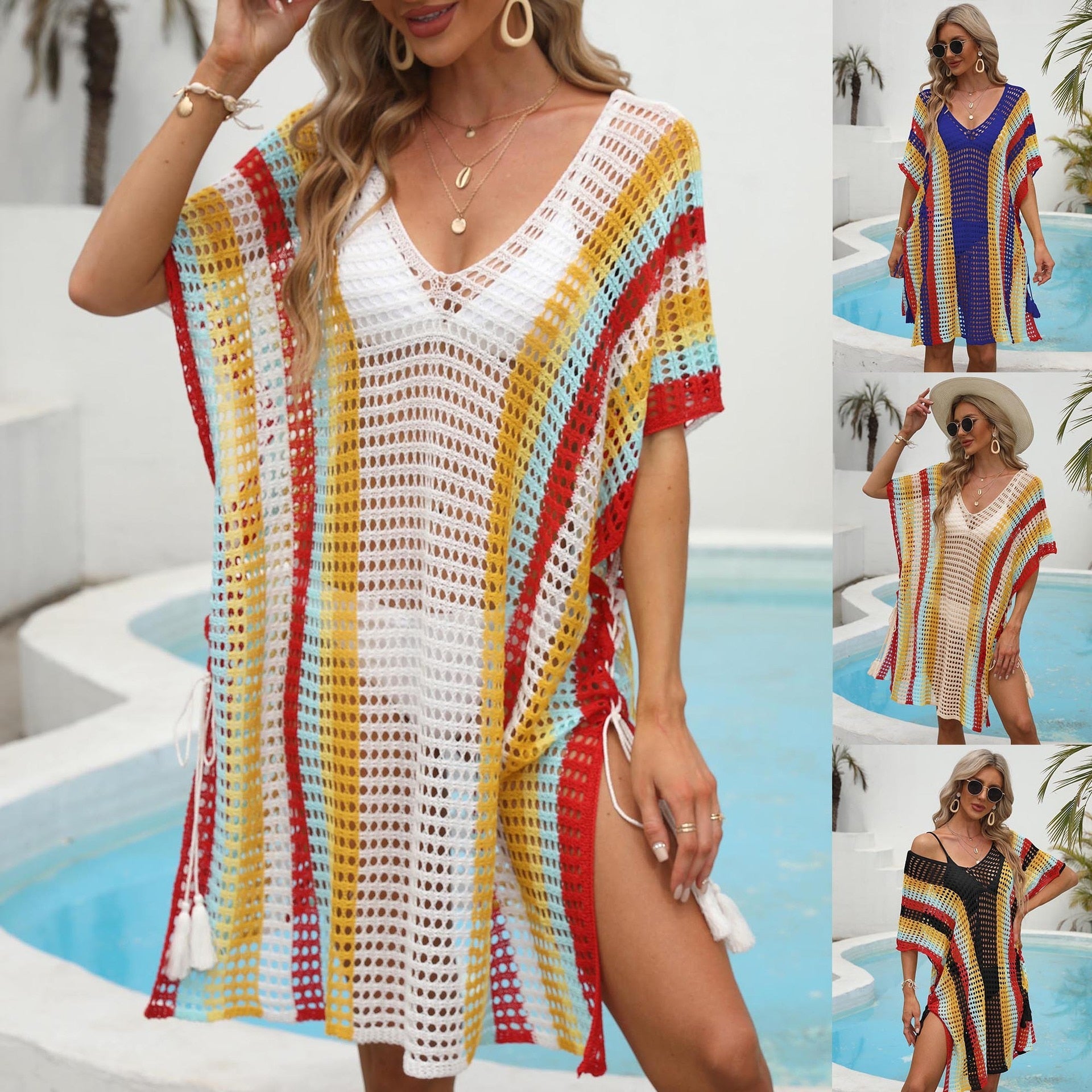 Knitted Beach Tunic for Woman Swim Cover Up String Split Beachwear Crochet Swimsuit Cover-ups Stripped Pareo 2024 Bathing Suit AMAIO