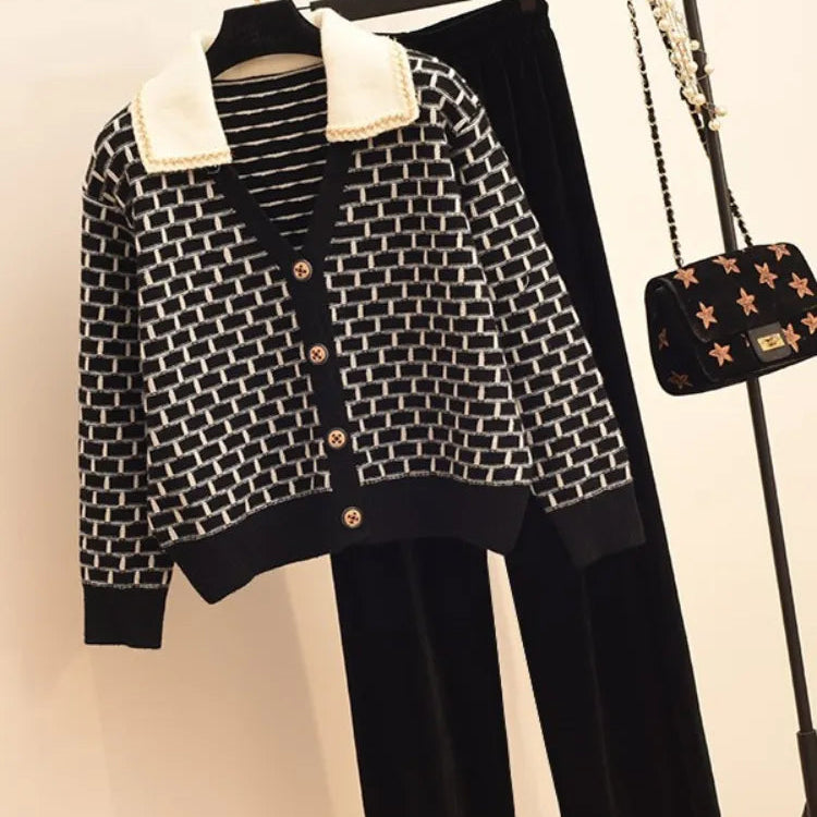 Knitted Elegant Sets Wide Leg Pant Sets Knitted Cardigan Set 2024 Autumn Korean Fashion Sweat-shirt 2 Piece Sets Womens Outifits Black