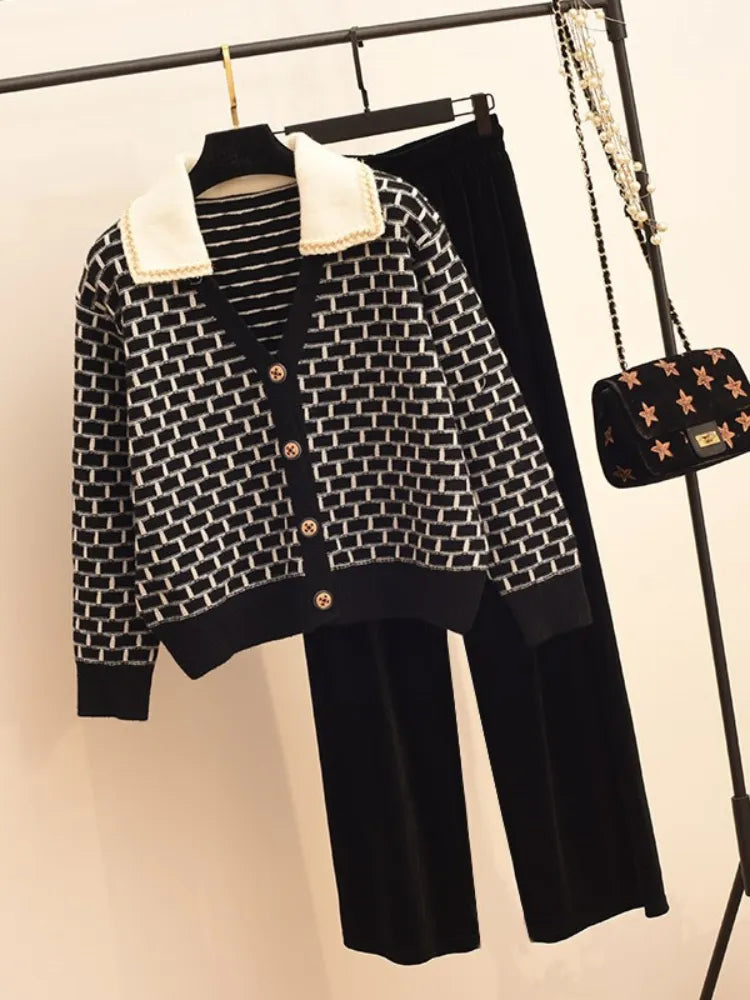 Knitted Elegant Sets Wide Leg Pant Sets Knitted Cardigan Set 2024 Autumn Korean Fashion Sweat-shirt 2 Piece Sets Womens Outifits Black