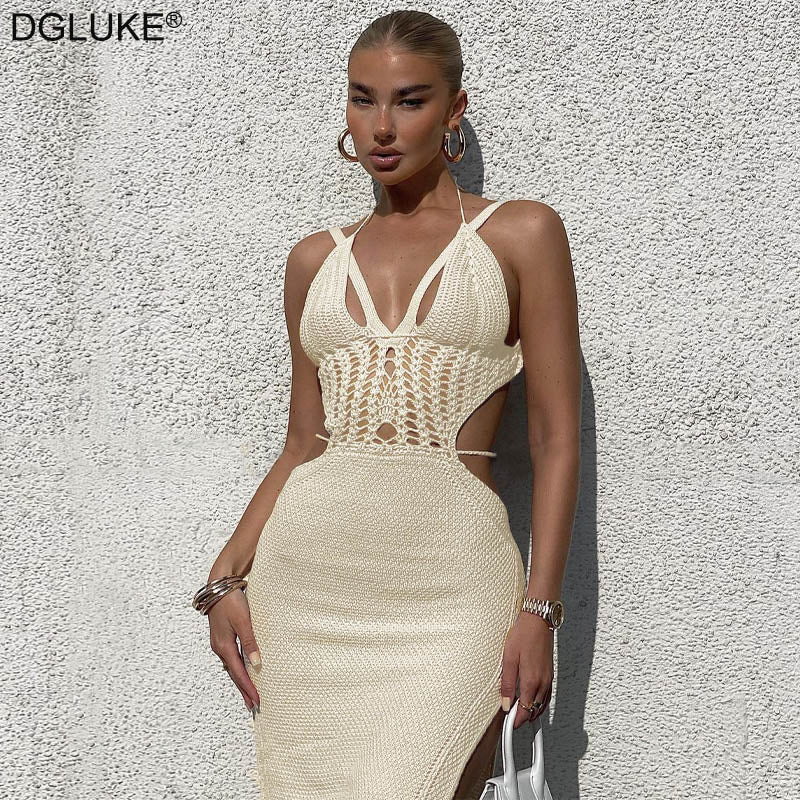 Knitted Midi Summer Dress - Halter Backless Cut Out Crochet Beach Dress Hollow Out Bandage Night Club Party Dress AMAIO