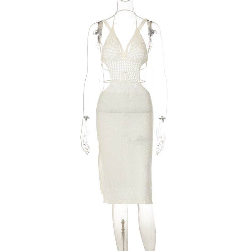 Knitted Midi Summer Dress - Halter Backless Cut Out Crochet Beach Dress Hollow Out Bandage Night Club Party Dress Beige