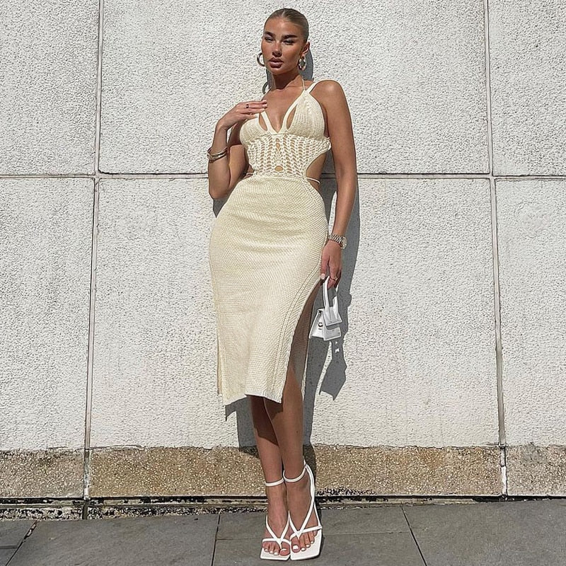Knitted Midi Summer Dress - Halter Backless Cut Out Crochet Beach Dress Hollow Out Bandage Night Club Party Dress