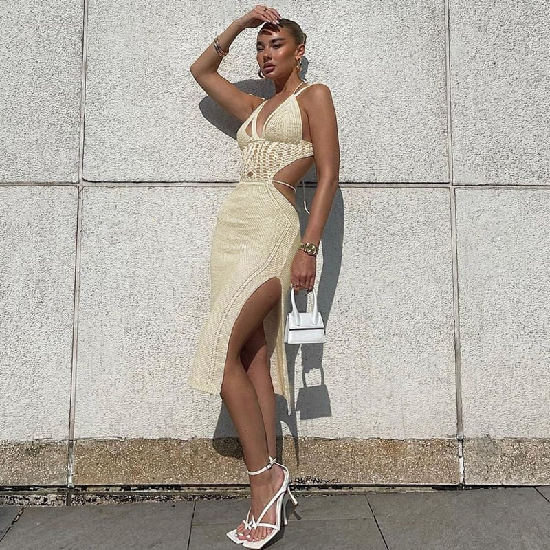 Knitted Midi Summer Dress - Halter Backless Cut Out Crochet Beach Dress Hollow Out Bandage Night Club Party Dress