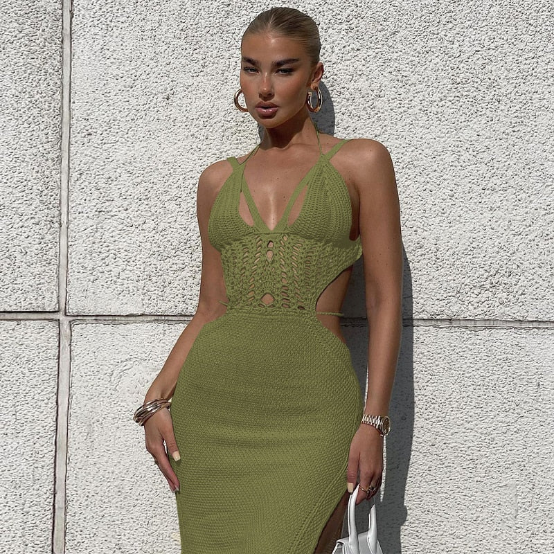 Knitted Midi Summer Dress - Halter Backless Cut Out Crochet Beach Dress Hollow Out Bandage Night Club Party Dress Army Green