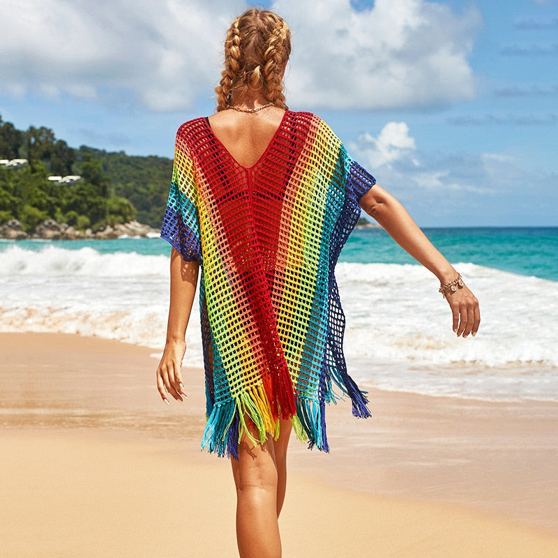 Knitted Rainbow Crochet Dress Knit Beach Cover Up Short Sleeve Tassel Tunic Women Fashion New Beachwear Swimsuits 16 Colors
