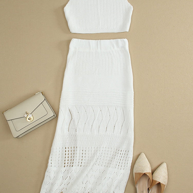 Knitted Skirts Two Piece Sets Women Sexy See Through Camisole Blouse Long Skirt Suits Summer Hollow Out Sling Tops Skirt Outfits