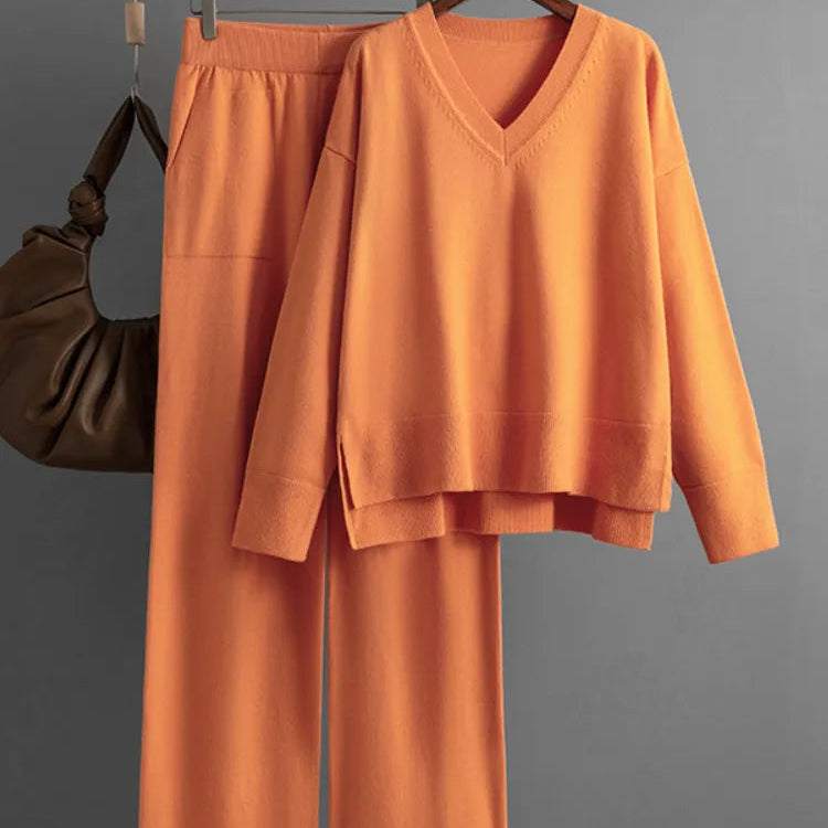 Knitted Sweater 2 Peice Set Women Winter Autumn Warm V-Neck Pullover Straight Jogging Pant Suits Casual Oversize Tracksuit Women Orange