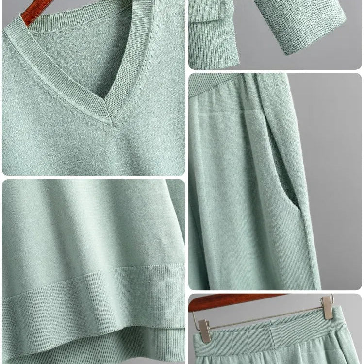 Knitted Sweater 2 Peice Set Women Winter Autumn Warm V-Neck Pullover Straight Jogging Pant Suits Casual Oversize Tracksuit Women