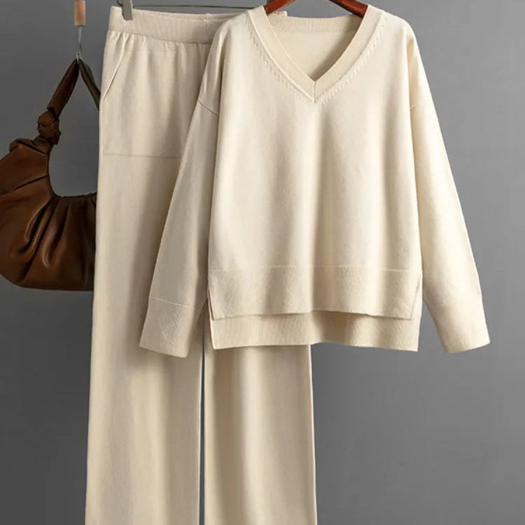 Knitted Sweater 2 Peice Set Women Winter Autumn Warm V-Neck Pullover Straight Jogging Pant Suits Casual Oversize Tracksuit Women Apricot