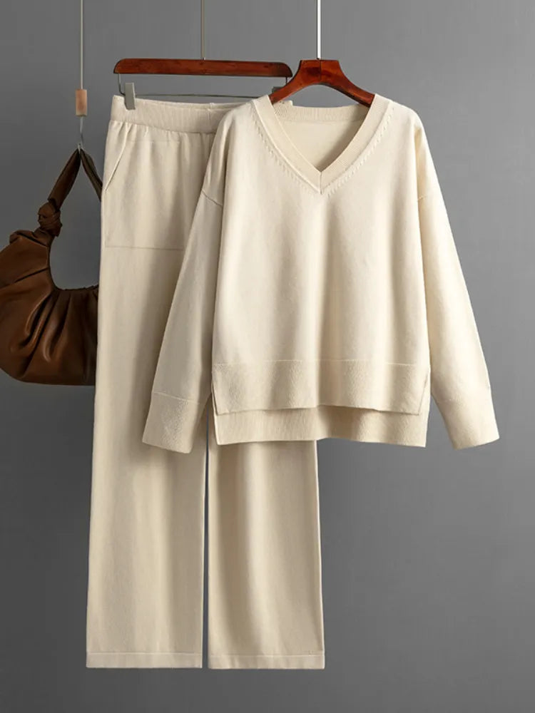 Knitted Sweater 2 Peice Set Women Winter Autumn Warm V-Neck Pullover Straight Jogging Pant Suits Casual Oversize Tracksuit Women Apricot