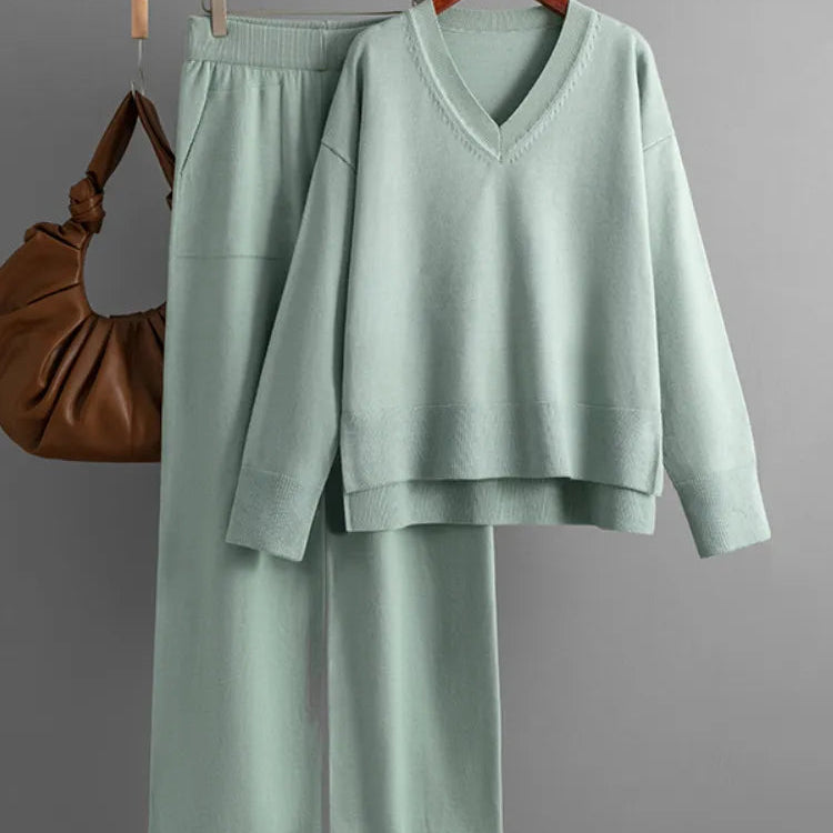 Knitted Sweater 2 Peice Set Women Winter Autumn Warm V-Neck Pullover Straight Jogging Pant Suits Casual Oversize Tracksuit Women Light Green