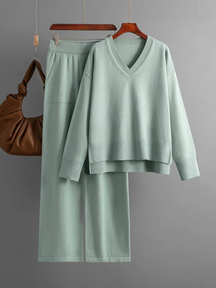 Knitted Sweater 2 Peice Set Women Winter Autumn Warm V-Neck Pullover Straight Jogging Pant Suits Casual Oversize Tracksuit Women Light Green
