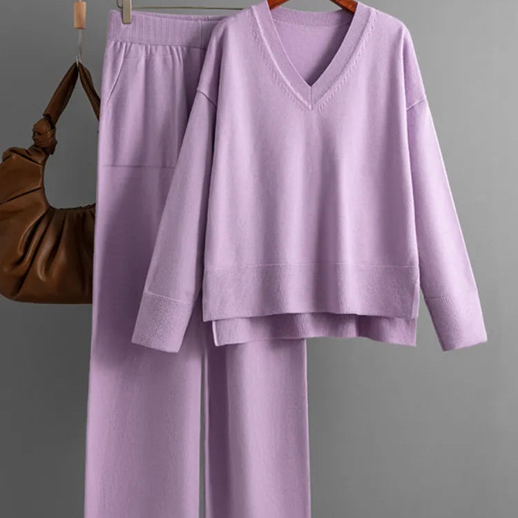 Knitted Sweater 2 Peice Set Women Winter Autumn Warm V-Neck Pullover Straight Jogging Pant Suits Casual Oversize Tracksuit Women Purple