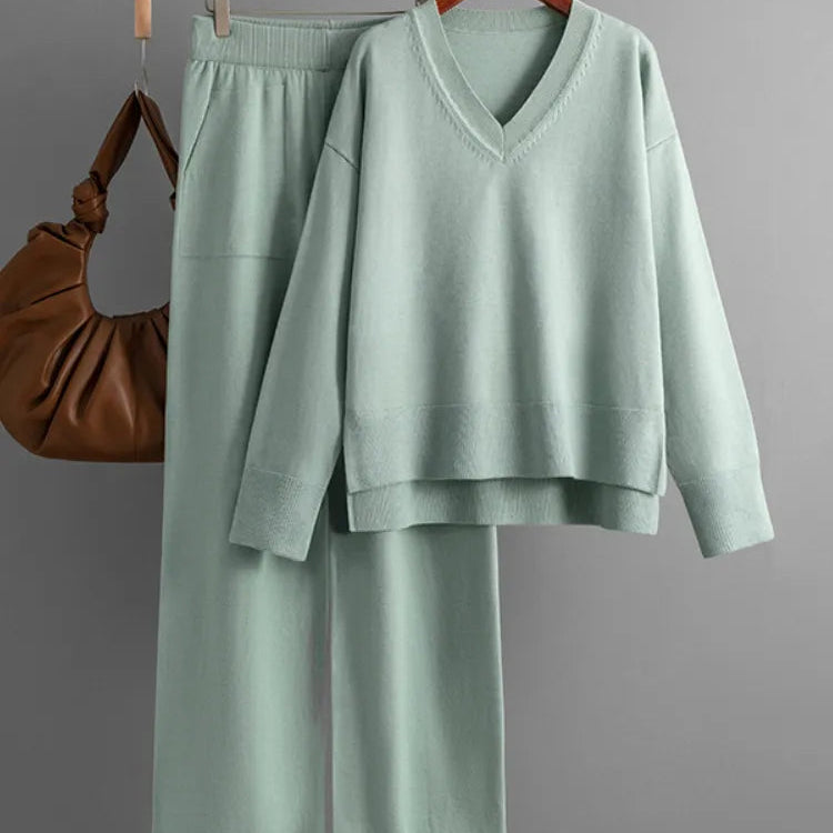 Knitted Sweater 2 Peice Set Women Winter Autumn Warm V-Neck Pullover Straight Jogging Pant Suits Casual Oversize Tracksuit Women