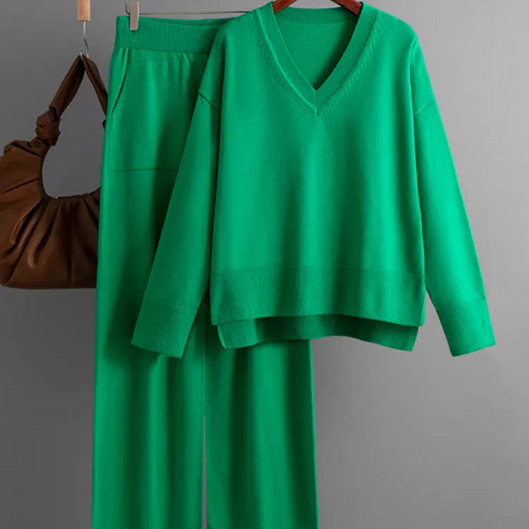 Knitted Sweater 2 Peice Set Women Winter Autumn Warm V-Neck Pullover Straight Jogging Pant Suits Casual Oversize Tracksuit Women Green