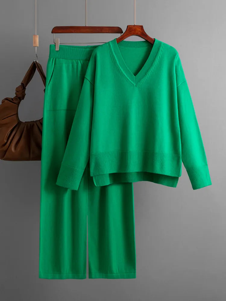 Knitted Sweater 2 Peice Set Women Winter Autumn Warm V-Neck Pullover Straight Jogging Pant Suits Casual Oversize Tracksuit Women Green