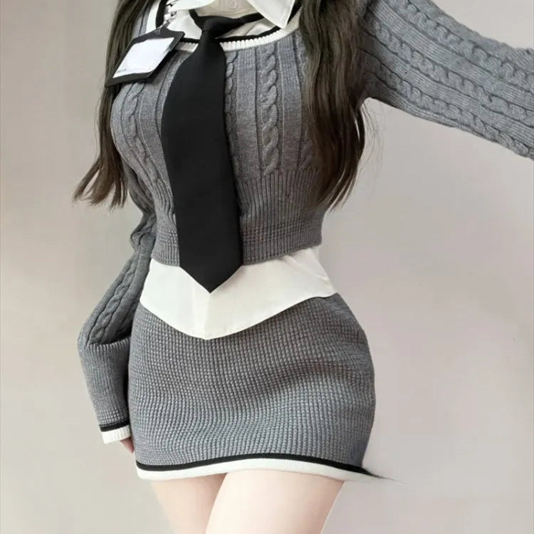Knitted Sweater 3 Piece Set Skirt Woman White Shirt + Y2k Crop Tops + Slim Bodycon Fashion Mini Skirt Girls Korean Suit 2024 New AMAIO