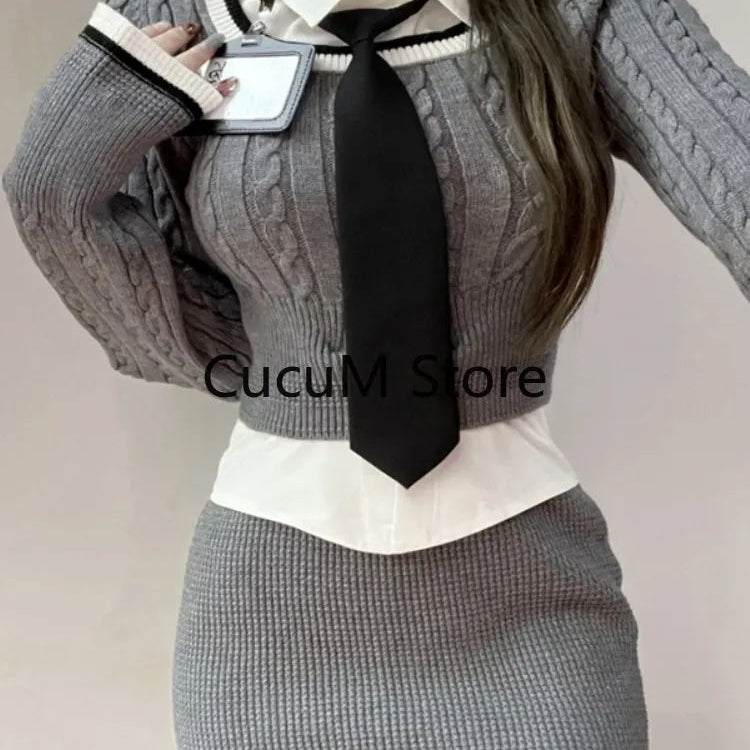 Knitted Sweater 3 Piece Set Skirt Woman White Shirt + Y2k Crop Tops + Slim Bodycon Fashion Mini Skirt Girls Korean Suit 2024 New