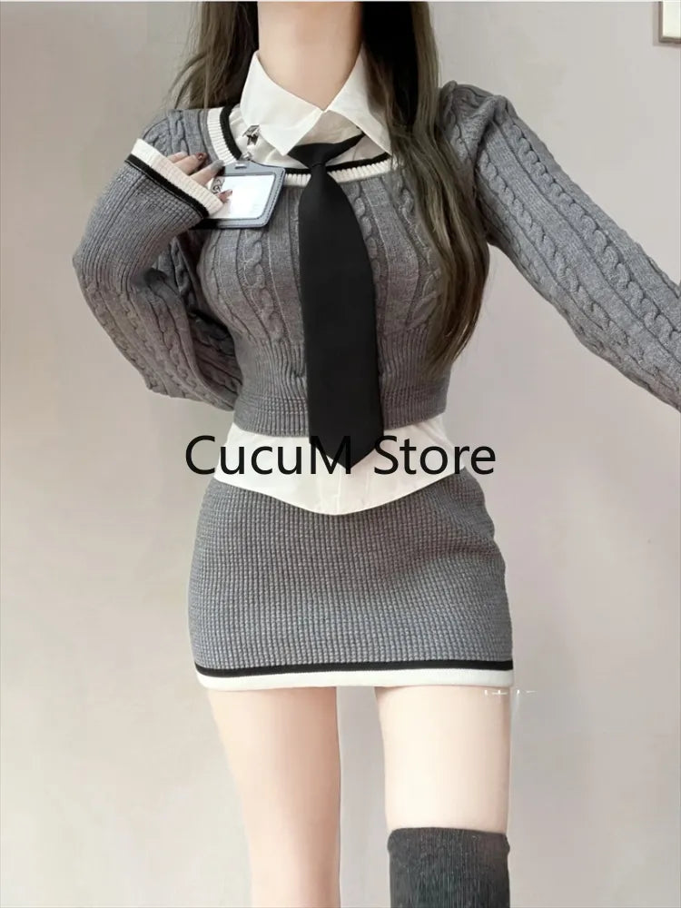 Knitted Sweater 3 Piece Set Skirt Woman White Shirt + Y2k Crop Tops + Slim Bodycon Fashion Mini Skirt Girls Korean Suit 2024 New